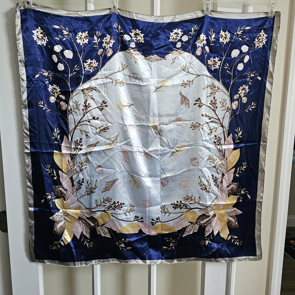 Vtg Seashell Floral Scarf Charmeuse Silky Blue Ivory Gold Square